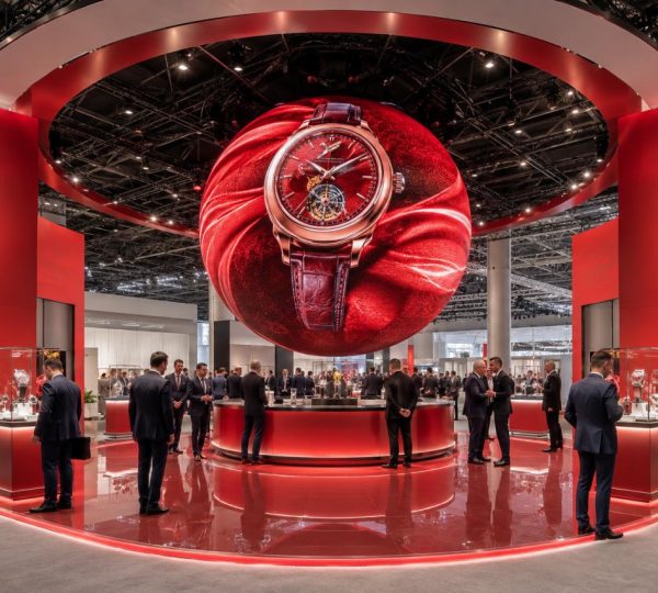 Suspended 360-degree LED sphere above a product launch area at an exhibition booth